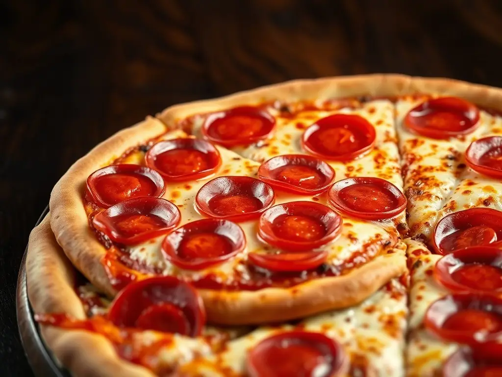 A vibrant, high-resolution image of a Freshslice Pepperoni Pizza, showcasing the melted cheese, perfectly cooked pepperoni slices, and a crispy crust. The pizza is presented on a wooden board with a pizza cutter nearby, suggesting a ready-to-eat experience.