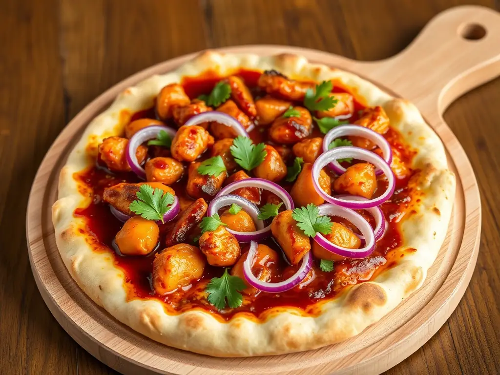 A tempting image of a Freshslice BBQ Chicken Pizza, showcasing the tender pieces of grilled chicken, tangy BBQ sauce, red onions, and cilantro. The pizza is cut into slices, inviting viewers to grab a piece.