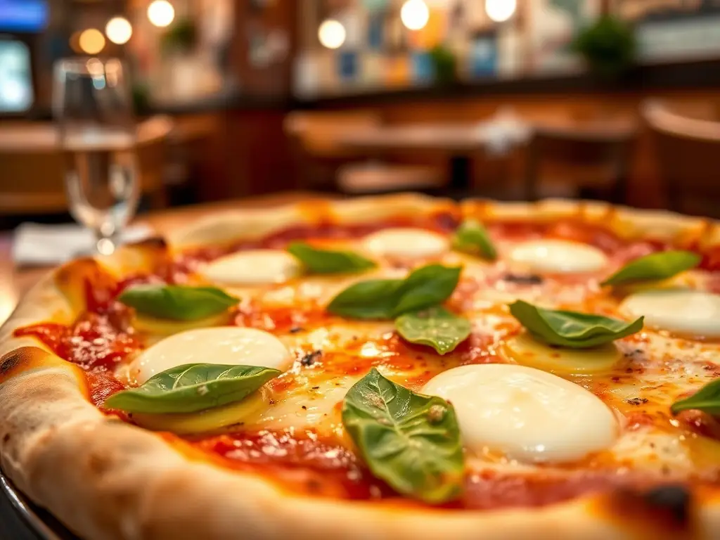 A close-up shot of a Freshslice Pizza Margherita, showcasing the fresh basil, ripe tomatoes, and melted mozzarella cheese on a perfectly baked crust.