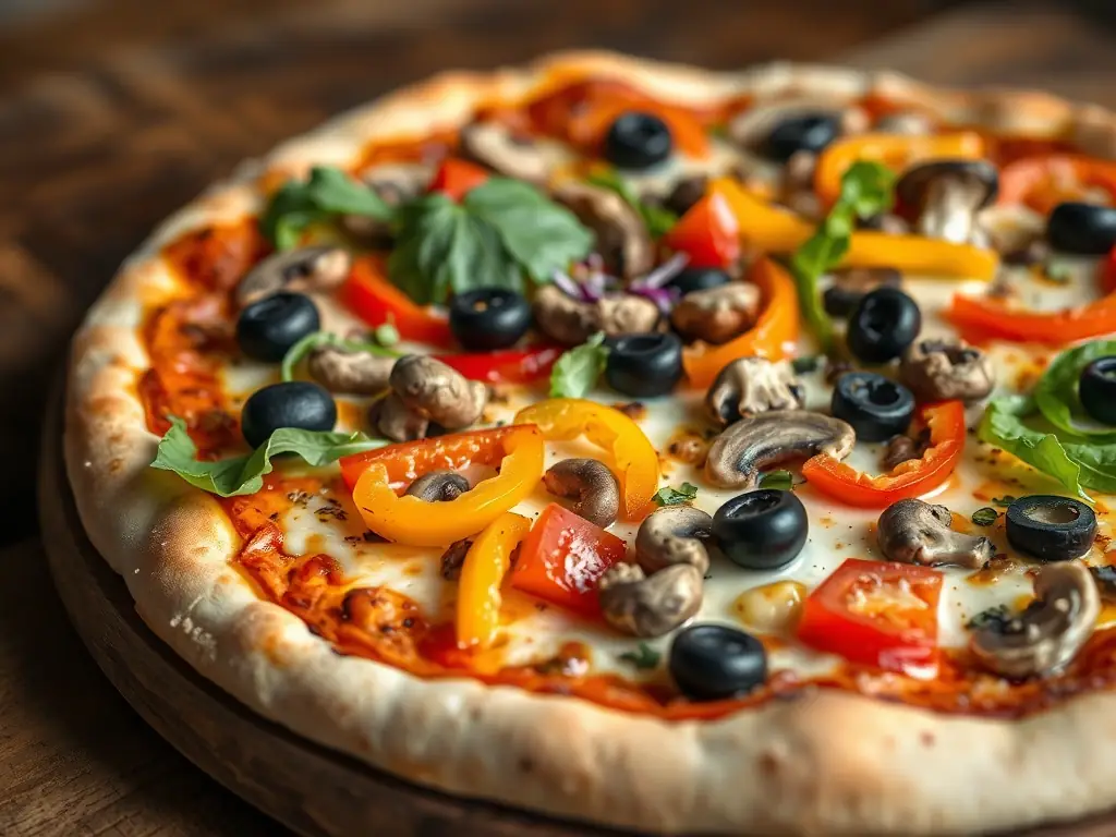 A mouthwatering image of a Freshslice Veggie Pizza, highlighting the colorful assortment of fresh vegetables such as bell peppers, mushrooms, onions, and tomatoes. The pizza is well-lit to emphasize the vibrant colors and textures.